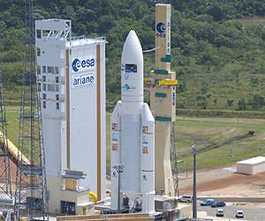 Ariane 5 is poised for Arianespace's launch with the EUTELSAT 21B and Star One C3 satellites